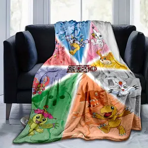 1pc Digimon Adventure Retro Anime Character Print Flannel Blanket - Soft Warm All-Season Bedding, Vibrant Color Mix, Perfect Gift for Anime Fans & Home Decor