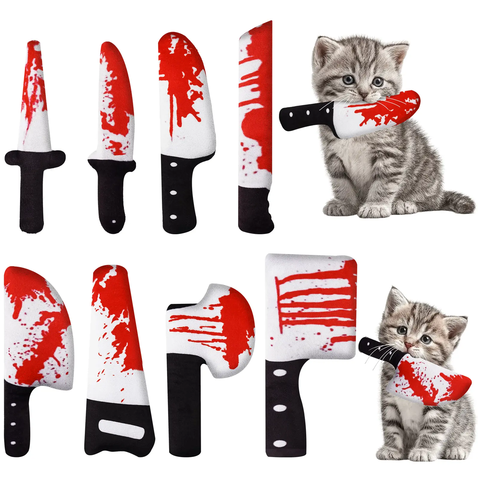 ZooZoo 8PCS Mini Halloween Cat Interactive Catnip Toys Set for Cats, Assorted Shapes Plush with Crinkle Paper, Bite-Safe Durable Fabric, Encourages Hunting Instincts, Reduces Anxiety (Knives), Interactive Toy