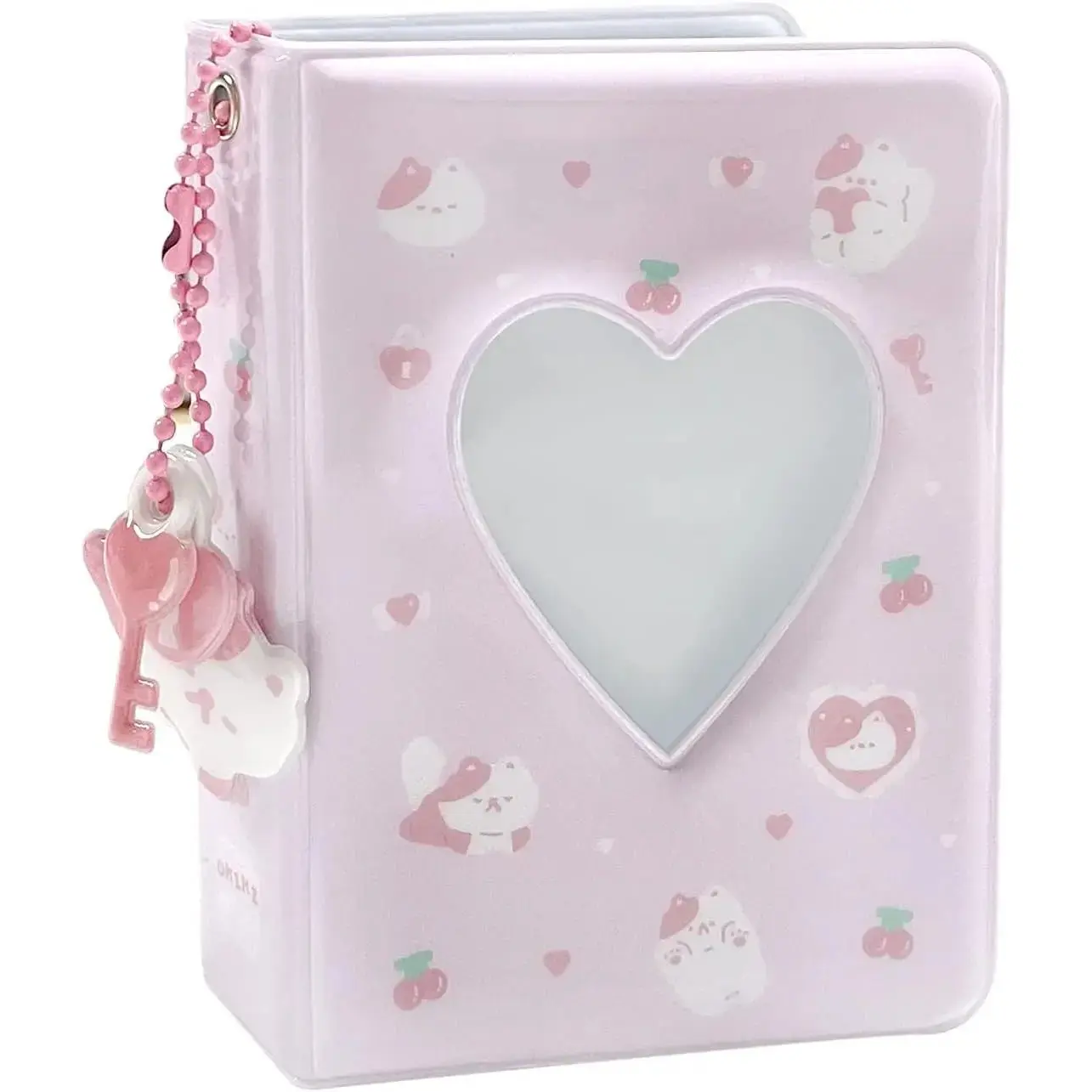 Plastic 3-Inch Mini Photocard Album - Themed Book with Heart-Hollow Card Holder, Pendant, 40 Pockets & Album Photocards for Home Decor (Pink White Cat)