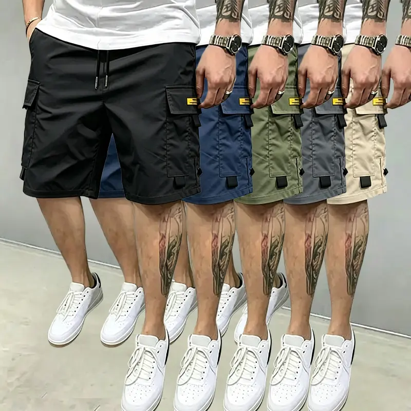 Men’s 5-Pack Summer Loose Baggy Cargo Cropped Shorts, Polyester Fabric, Drawstring Waist, Multi-Pocket Design, European Sizing, Casual Outdoor Sports Wear, Baggy Cargo Style Men's Shorts