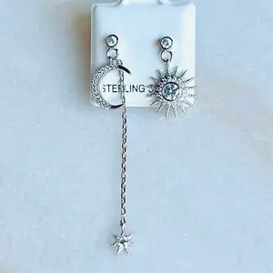 Aretes Sol Luna y Estrella Plata 925 Elegantes Pendientes con Cadena y Diseño Celestial