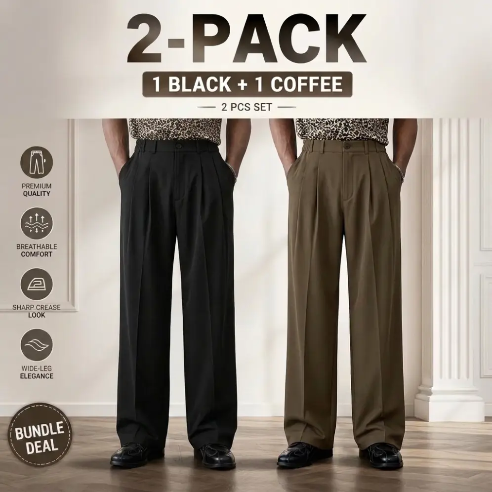 Men’s 2-Pack Wide Dress Pants – Zipper & Button Front, Drapey Fabric, Commuter/Office/Business Style, Black & Coffee Combo