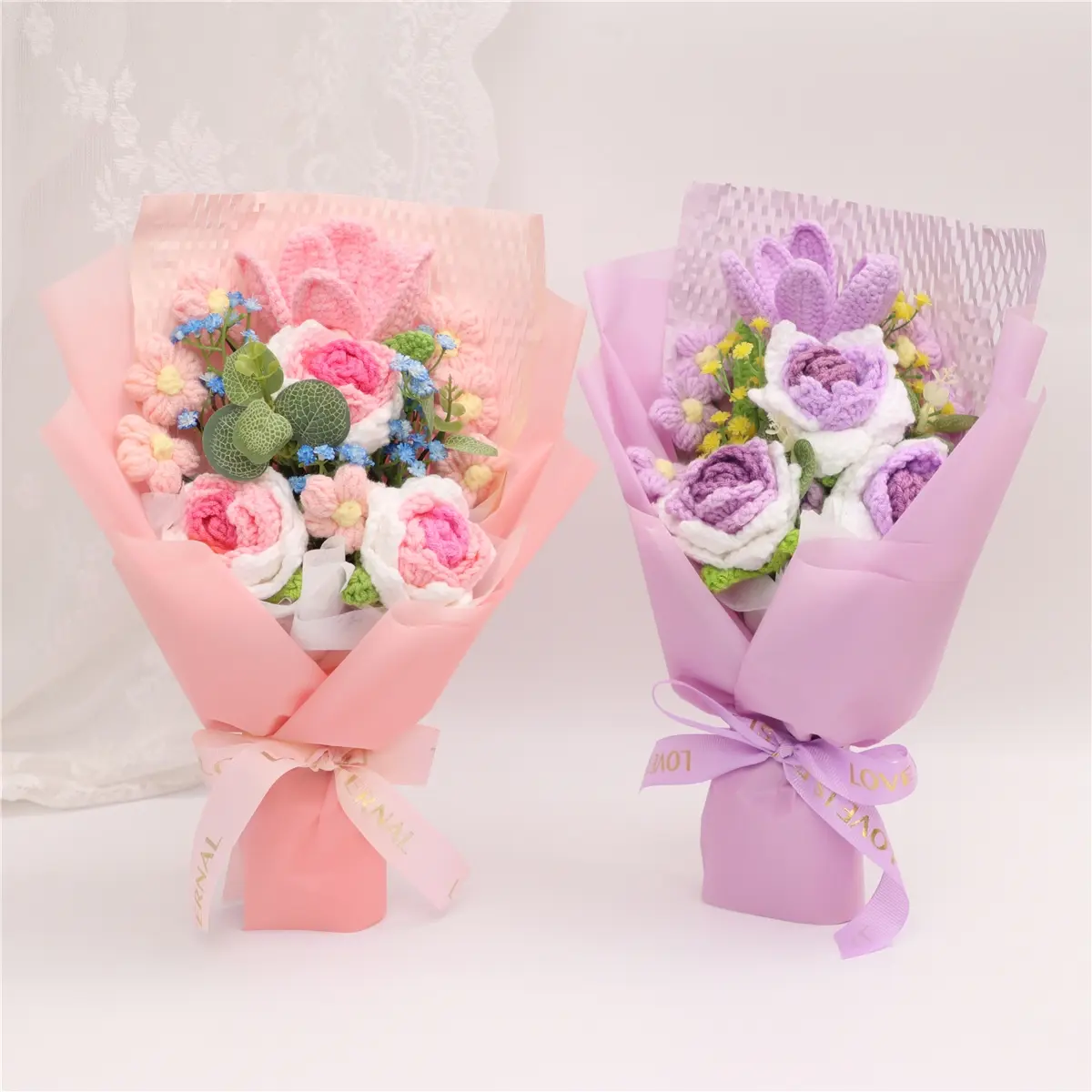 Handmade Crochet Rose Bouquet, Wool Knitted Artificial Flowers, Faux Flowers, Artificial Flower Plant, Artificial Flower Decorations, Christmas Valentine's Day Mother's Day Gift, Birthday Present for Girlfriend Family