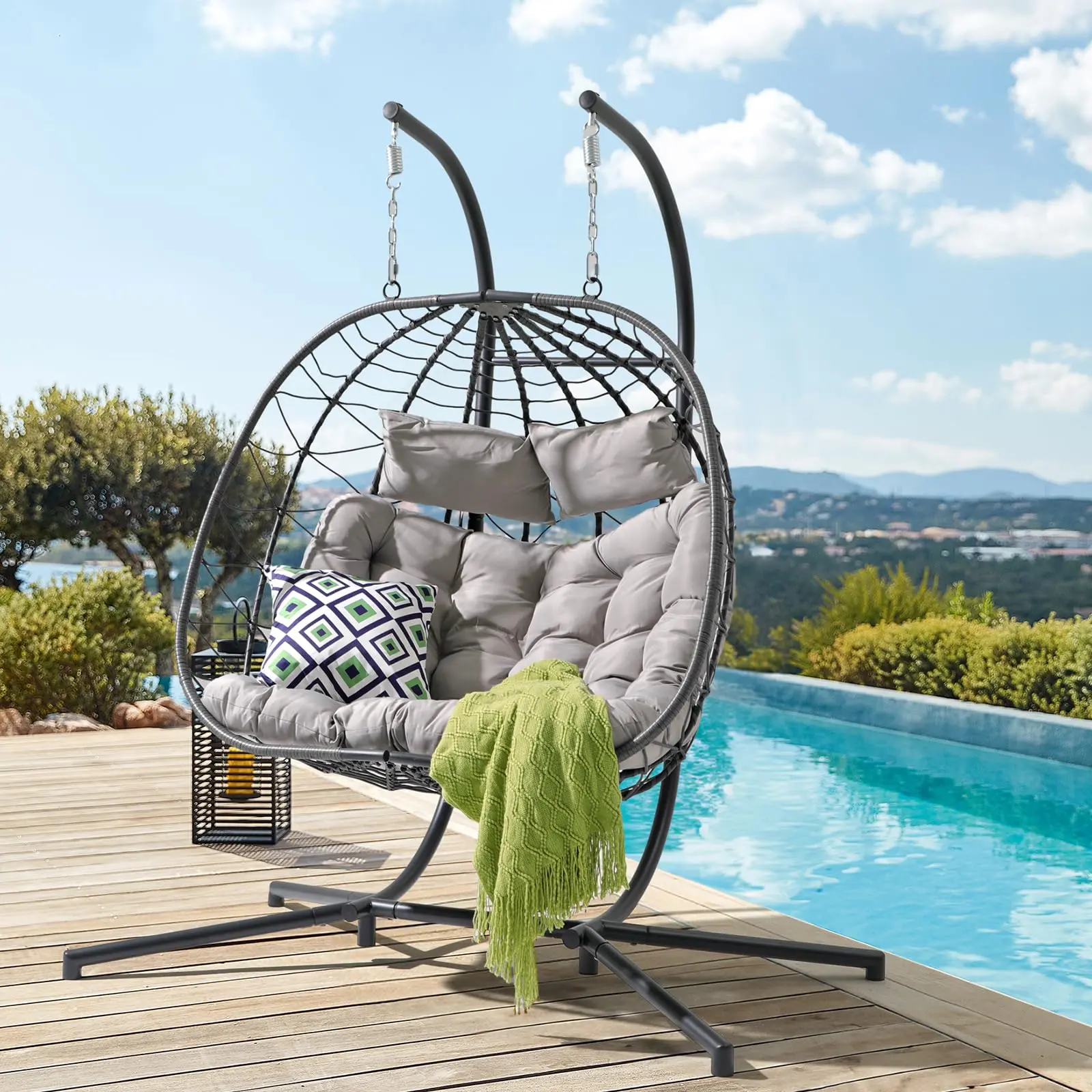2 Person Double Egg Swing Chair with Stand Indoor Outdoor, Patio Wicker Rattan Hanging Egg Chair w/Cushion, Pillow, Foldable Hammock Chair 550lbs for Bedroom, Balcony, Garden