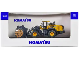 Komatsu WA475-10 Wheel Loader Yellow with Log Grapple and Log Accessories 1/50 Diecast Model by Universal Hobbies