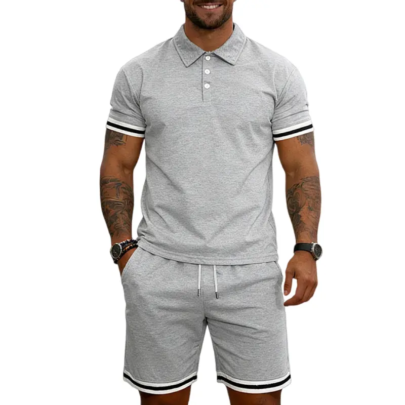 Men's Summer Striped Cuff Collared Polo Short Sleeve Matching Set, Two Button Notch Placket Solid Top, Elastic Drawstring Waist Mid Length Shorts With Hem Stripes, Draped Breathable 2-Piece Outfit For Daily Commute # SummerWins