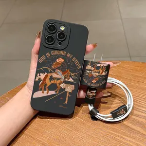 5 Piece Set Western Cowgirl Girl & Horse Phone Case, Charger Head Cover, Cable Protector, Storage Rope, Anti-Drop Tpu Case for iPhone