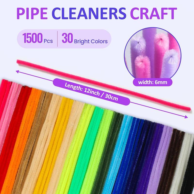 1500 count 30 Colors Quality Pipe Cleaners Bulk, Thick Pipe Cleaners Craft for DIY Craft Projects, Multicolored Limpia Pipas for Art Supplies & Materials, Rainbow Chenille Stems(12inch*6mm)
