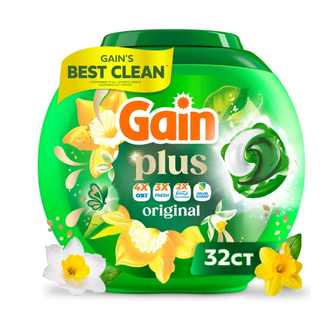 Gain Plus Flings Laundry Detergent Liquid Washing Pacs, Gain's Best All-In-One Clean, Original Scent, 32 Count