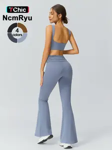 Women's Patchwork High Elastic Soft Naked Sense Square Hollow-out Beautiful Back Bra Stacked Waist Trousers Yoga Clothes suit Outdoor Running Cycling Climbing Walking Fashion Bra Flared Pants Gym sports training Joker suit Ruched Sports Flare