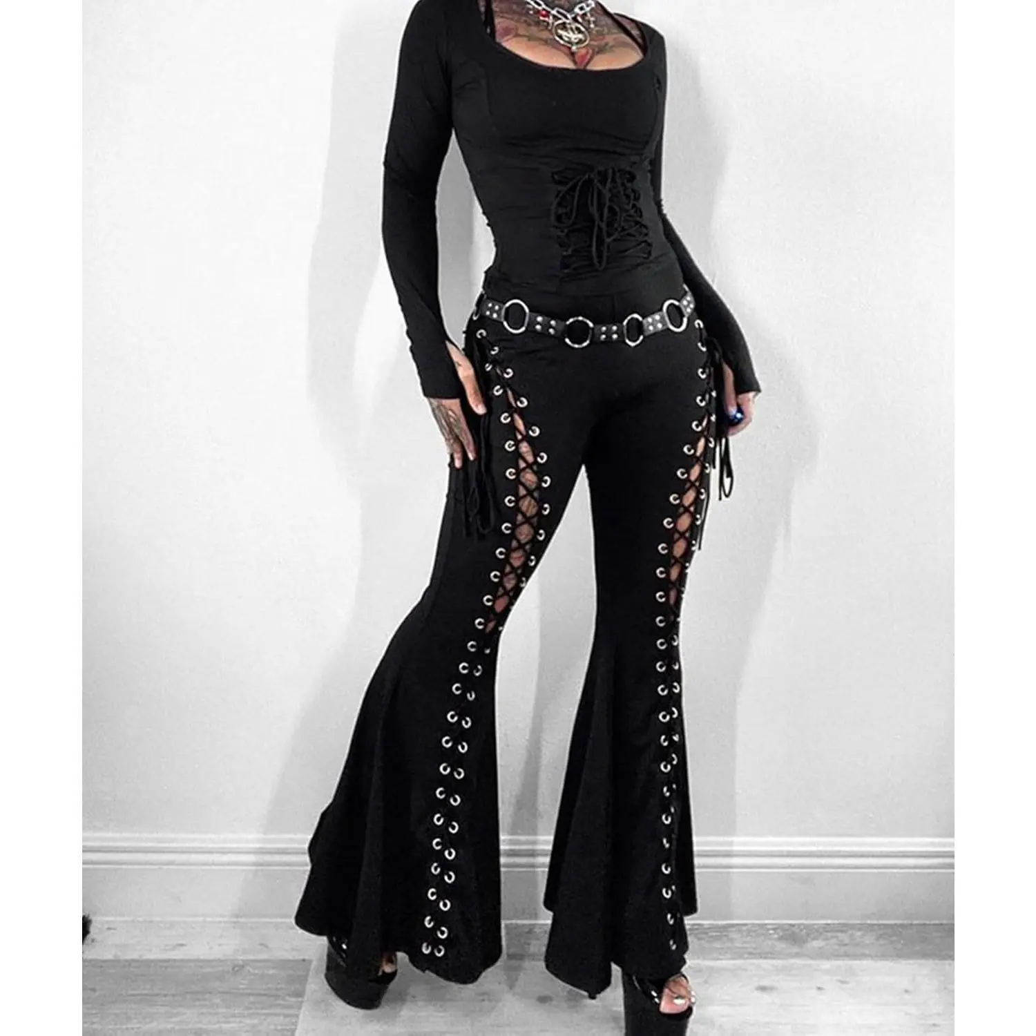 Gothic Lace Up Flare Pants for Women High Waist Y2K Vintage Sexy Slim Fit Trousers Fabric Flared