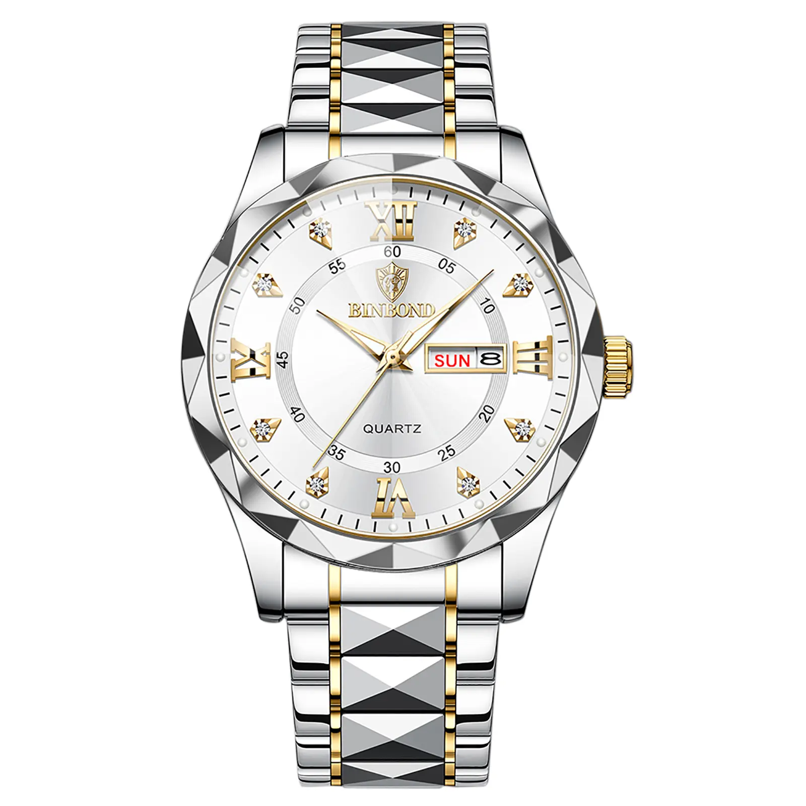 OIDEA Matching Couple's Watch Set, Rhombus Stainless Steel Wristwatches with Rhinestone Dial, Luminous Day-Date Display, 3ATM Waterproof - Gifts for Couples, Couple Gift Ideas