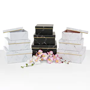 Set of 3, Square Flower Box - Marble with Golden Rim Design, Various Colors | W67