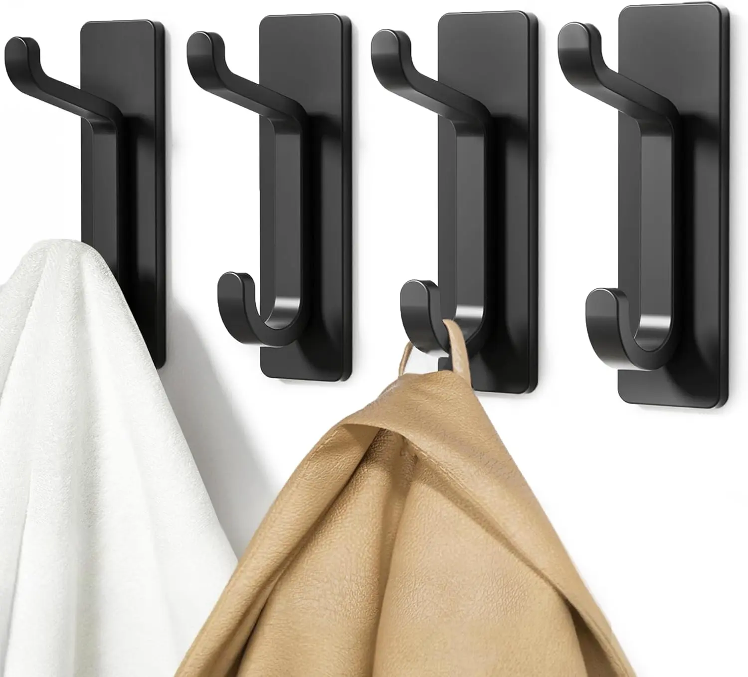 4-Pack Self-Adhesive Aluminum Hooks with Adhesive Tape, 6kg Heavy-Duty No-Drill Stick-On Hooks for Smooth Surfaces, Waterproof Rustproof Renters’ Organizer for Humid Zones (Bathroom, Kitchen, Black)