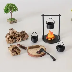Mini Campfire Hanging Stove Pot Dollhouse Camping Picnic Firewood Pile Sand Table Micro Landscape Scene Decoration Ornament Toy