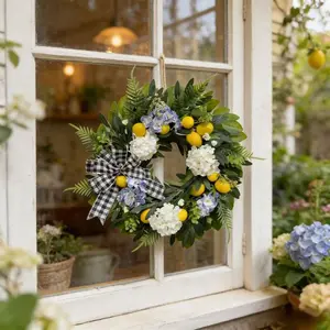 Spring and summer lemon hydrangea wreaths, featuring fake lemons, butterflies, and green plants. Suitable for window indoor home party decorations in all seasons. Applicable to all seasons for wall wedding indoor and outdoor hanging decorative wreaths.
