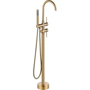 Freestanding Bathtub Faucet Brushed Gold Floor Mount Tub Filler High Flow Brass Shower Faucets with Handheld Sprayer for Bathroom