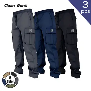 Clean Gent 3-Piece Set — Men’s solid-color cargo pants with flap pockets and drawstring, regular fit comfortable long pants for everyday wear, versatile for spring and autumn.
