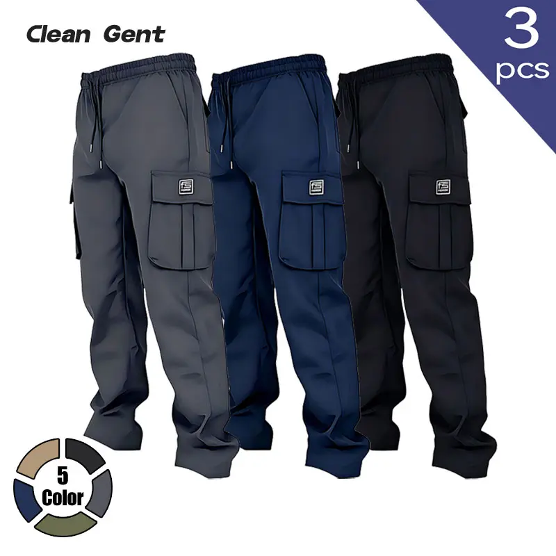 Clean Gent 3-Piece Set — Men’s solid-color cargo pants with flap pockets and drawstring, regular fit comfortable long pants for everyday wear, versatile for spring and autumn.