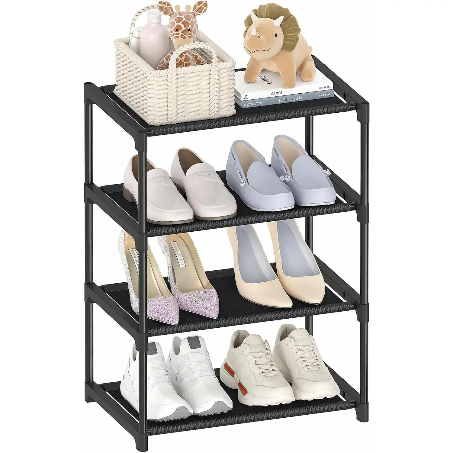 4-Tier Extra Small Rectangular Shoe Rack (16.3" Wide) - Metal Frame Floor Stand, Narrow Stackable Single Unit Shoe Storage Organizer for Closet Entryway, Space-Saving Shelf Requires Assembly for Kids/Adults