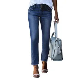 Women's High Waisted Jeans Strechy Fashion Raw Hem Straight Leg Ankle Denim Pants with PocketsGift