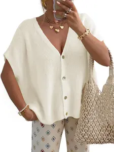 Women's Lightweight Short Sleeve Summer Cardigan V-Neck Loose Fit Casual Sweater Tops
