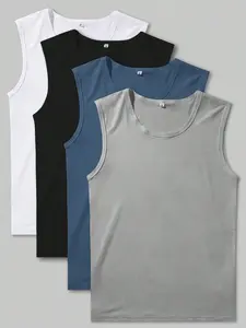 Men's Casual Tank Top Set, 4 Piece Set, Multiple Colors Available, Sleeveless Design, Elastic Breathable Fabric, Perfect for Daily Wear, Sleeveless Basic Tanks