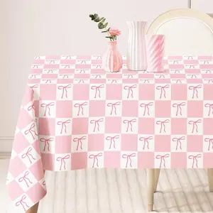 AnyDesign Bow Tablecloth Pink White Plaid Bowknot Fabric Table Cloth Coquette Table Cover for Picnic Home Kitchen Dining Table, 60 x 104 Inch