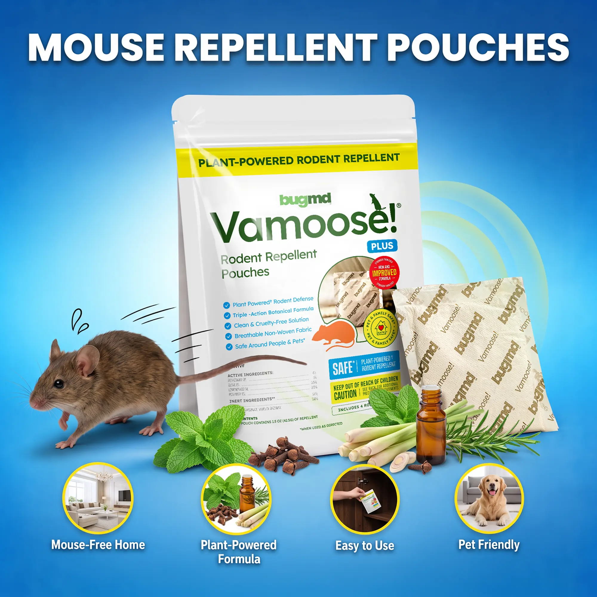 BugMD Vamoose! Plus Peppermint Oil Mouse Repellent Pouches | Natural Mice Repellent Indoor & Rat Deterrent for House, Garage, RV, Car & Storage | Plant-Powered Rodent Control - 2 Pack - 8 Pouches