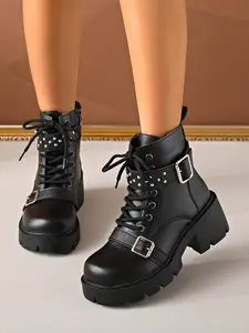 Women's Lightweight Slip-On Mid-Calf Boots, Comfortable Thick Sole Fashion Short Boots, Versatile Style for All Seasons, Studded Boots