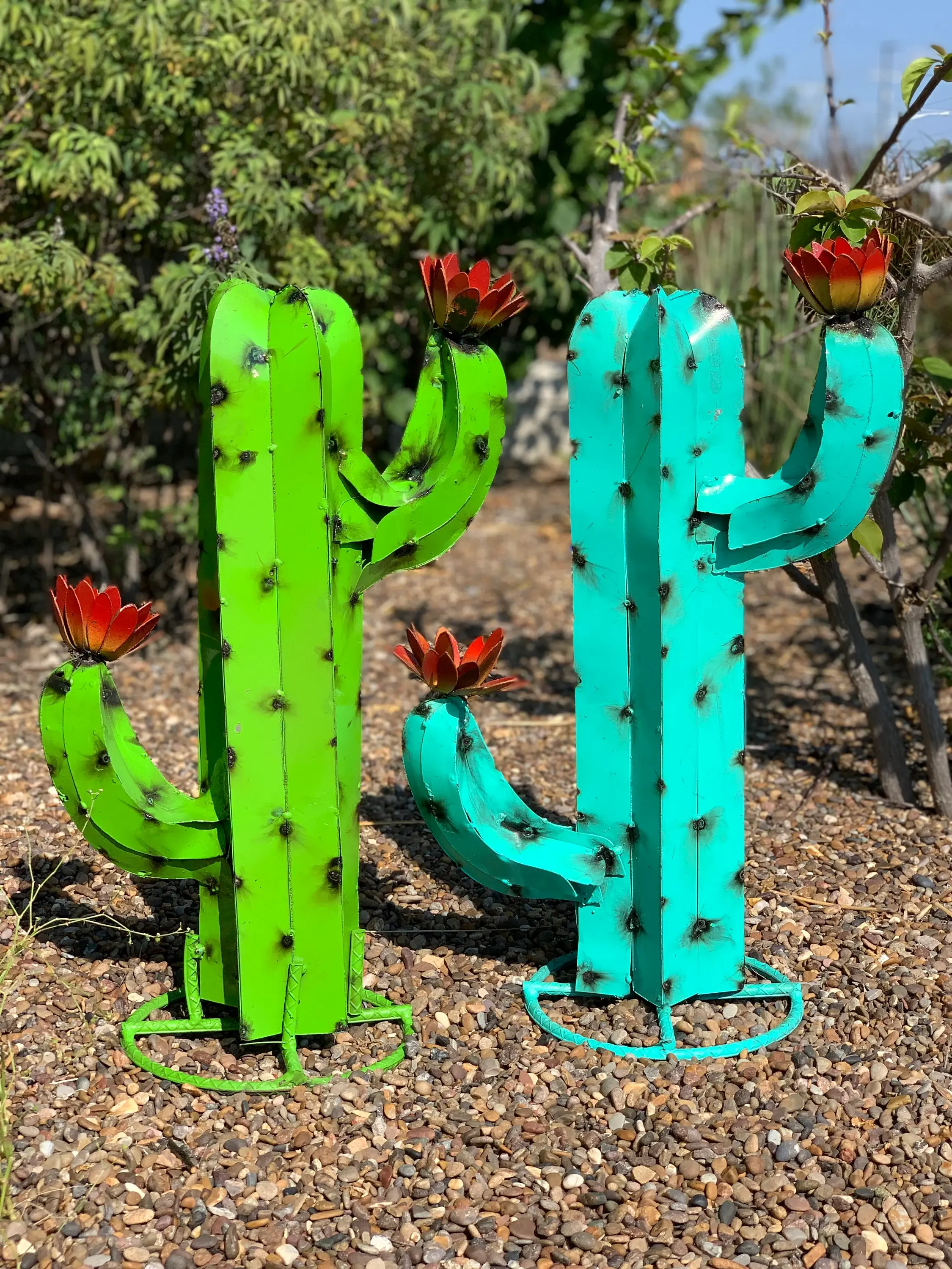 24" Colorful Metal Saguaro Cactus with Flowers – Handmade Southwestern Garden Sculpture