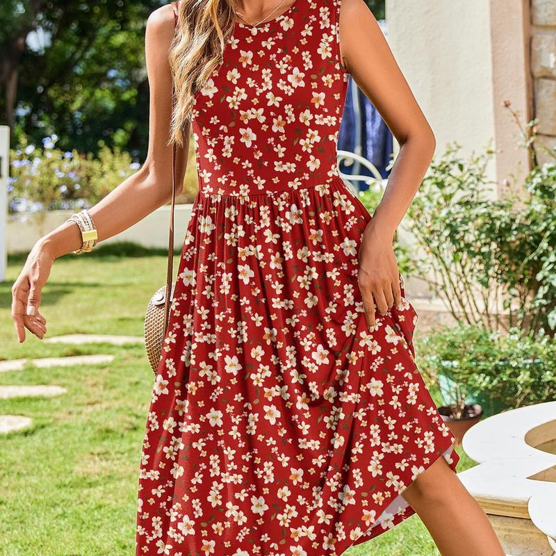 Zeagoo Women's Summer Tank Midi Dress with Pockets Sleeveless A-Line Dress Casual Floral T-Shirt Dress Flowy Beach Sundress
