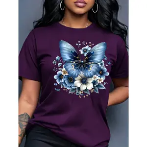 100% cotton butterfly pattern T-shirt, short-sleeved casual round-neck top, women's spring/summer wear, soft and comfortable, suitable for spring, summer, and autumn,summervibes Fit Fabric