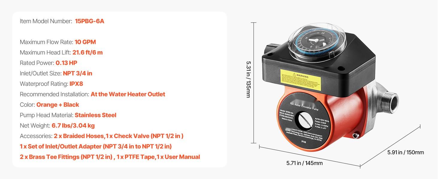 Hot Water Recirculating Pump With Bypass Valve, Instant Recirculation Kit With Timer, Adapter, Circulation System, Stainless Steel Head, 0.13 HP, 110-120V, For Tank Water Heaters In Homes