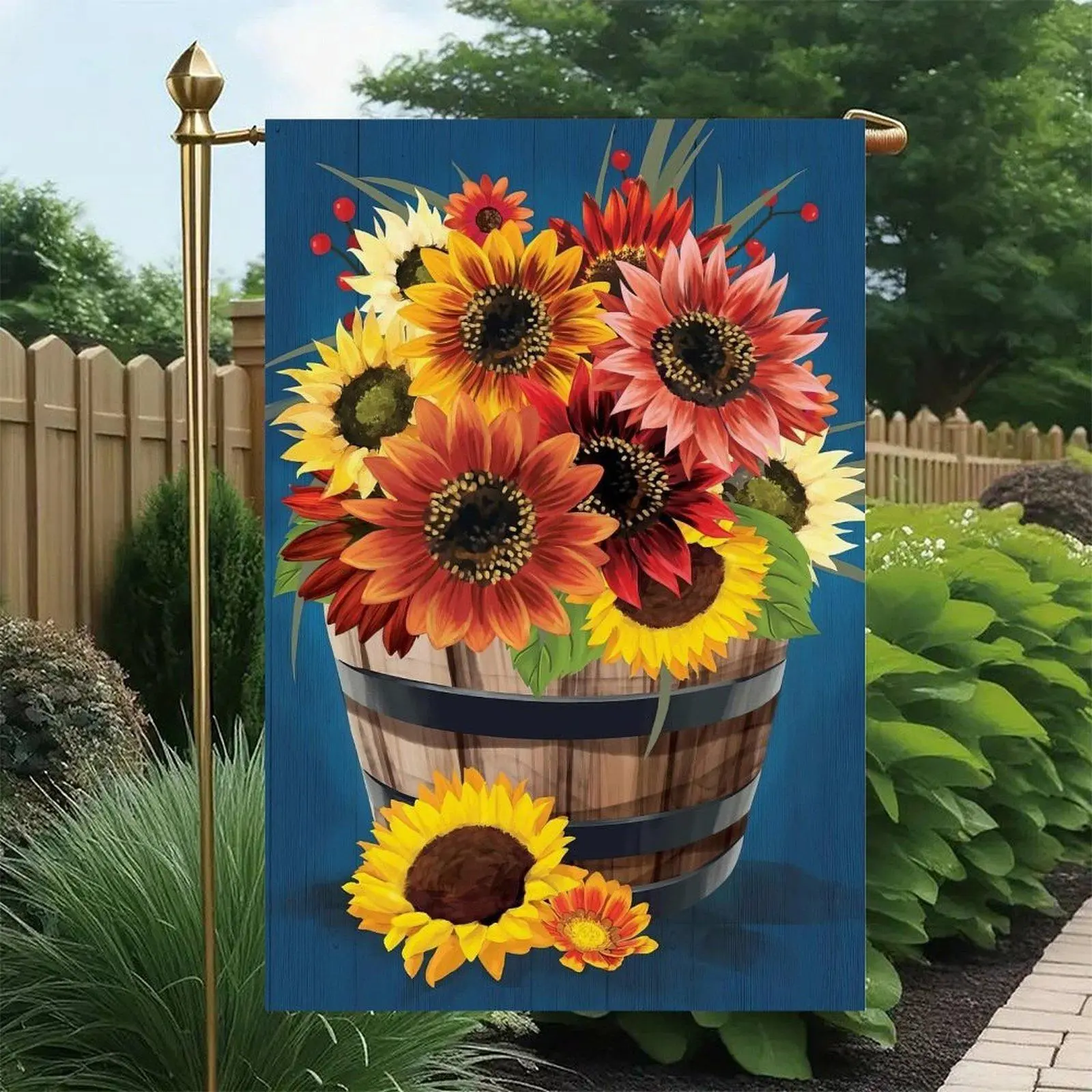 Rustic Wooden Barrel Mixed Sunflower Autumn Floral Blue Wood Background Farm Garden Flag Double-Sided 12x18in, Fall Harvest Wildflower Patio Decor Flag
