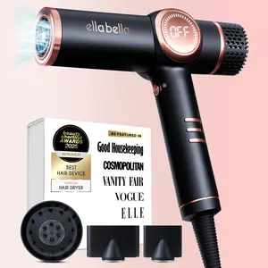 Ella Bella Ionic Hair Dryer Black Corded Electric Lightweight Ionic Technology Fast Drying for All Hair Types with Three Magnetic Nozzles