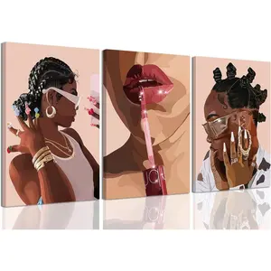 Framed African American Black Girl Canvas Wall Art Set of 3 Fashion Black Women Wall Decor Pictures Hip Hop Sunglasses Jewelry Posters Prints Paintings for Home Living Room Bedroom 12x16in Decoration Ornaments Artistic Photo