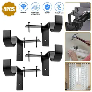 4Pcs Hole-Free Hang Curtain Bracket Rod Holders Single Hook Into Window Frame Organiser Set