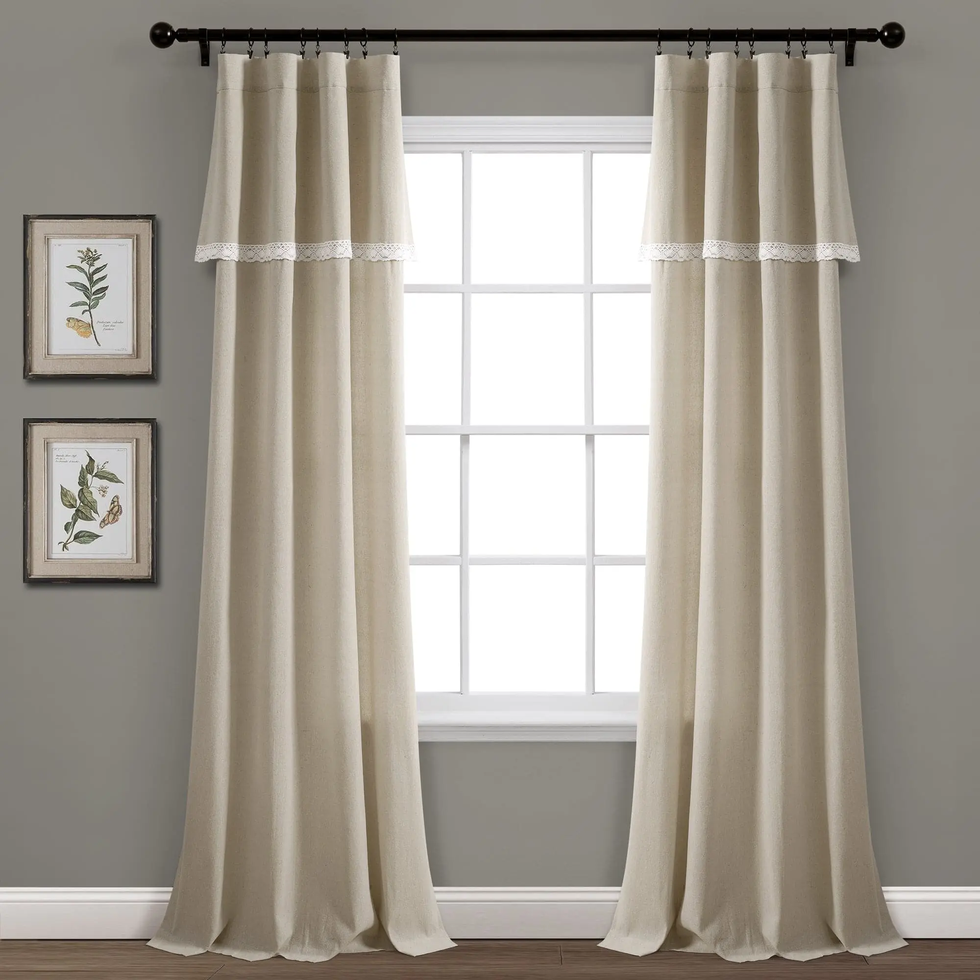 Lush Decor Linen Lace Window Curtain Panel Set - Vintage Look, Ruffle Top, 3" Rod Pocket, 2 Panels, 38"W x 84"L, Faux Linen, Blue/Light Gray/Light Linen/Dark Linen/Navy