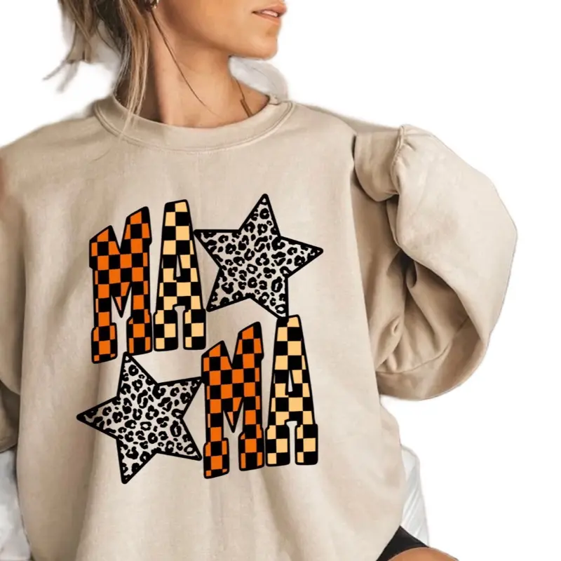 Mama Stars 11" DTF Direct to Film Transfers - Leopard & Checkerboard Design for Custom Apparel Projects