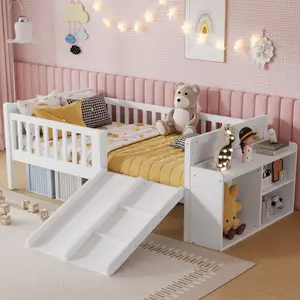 Twin Size Low Loft Bed with Slide, Movable Bookshelf Storage, Guardrails, Low Loft Bed Wood Frame for Kids, No Box Spring Needed