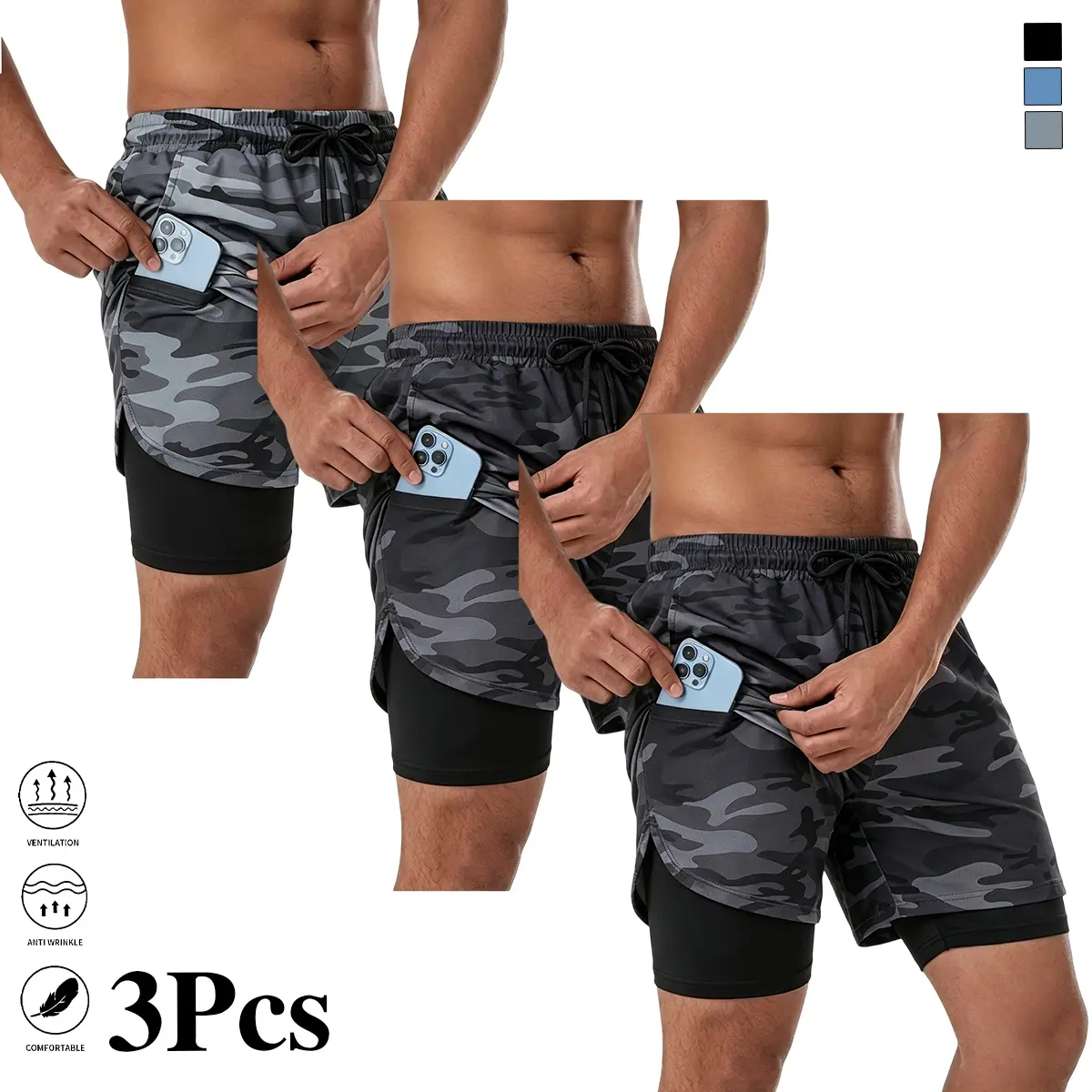 3-pack men’s camouflage 2-in-1 athletic shorts made with polyester fiber; sweat-resistant and breathable; elastic waistband; anti-friction compression lining; resists shrinkage and fading; stylish shorts suitable for all men’s body types.