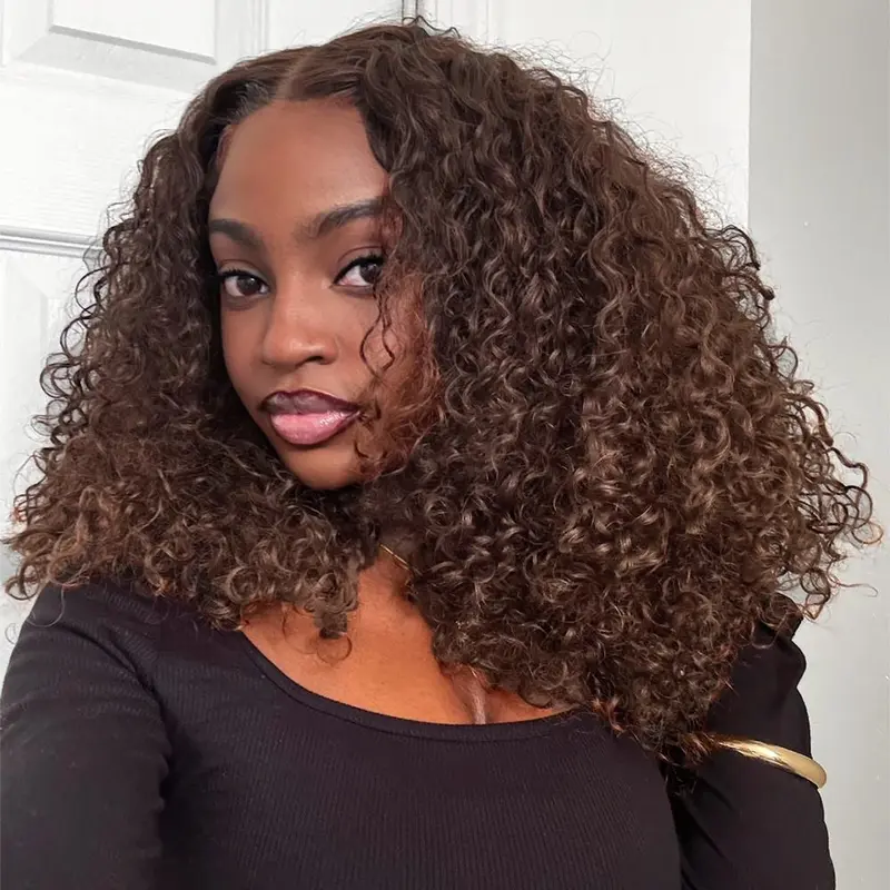 Midulla Brown Wear and Go Kinky Curly Glueless Wigs Human Hair Pre-cut Lace Bleached Knots 7x5 Closure Wigs for Women Pre Plucked Human Hair Wigs Springtock
