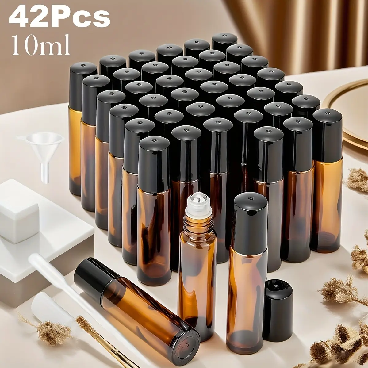 42 Pack Amber Glass Essential Oil Roller Bottles, 0.33 Oz Travel Size, Includes Stainless Steel Rollers, Accessories Included, Reusable Glass Bottle, Glass Storage Bottles, Glass Bottles Set, Scented Oil Bottles