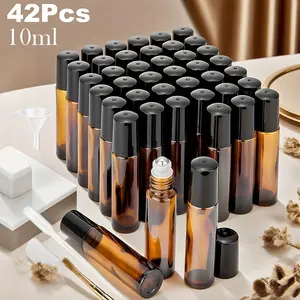 42 Pack Amber Glass Essential Oil Roller Bottles, 0.33 Oz Travel Size, Includes Stainless Steel Rollers, Accessories Included