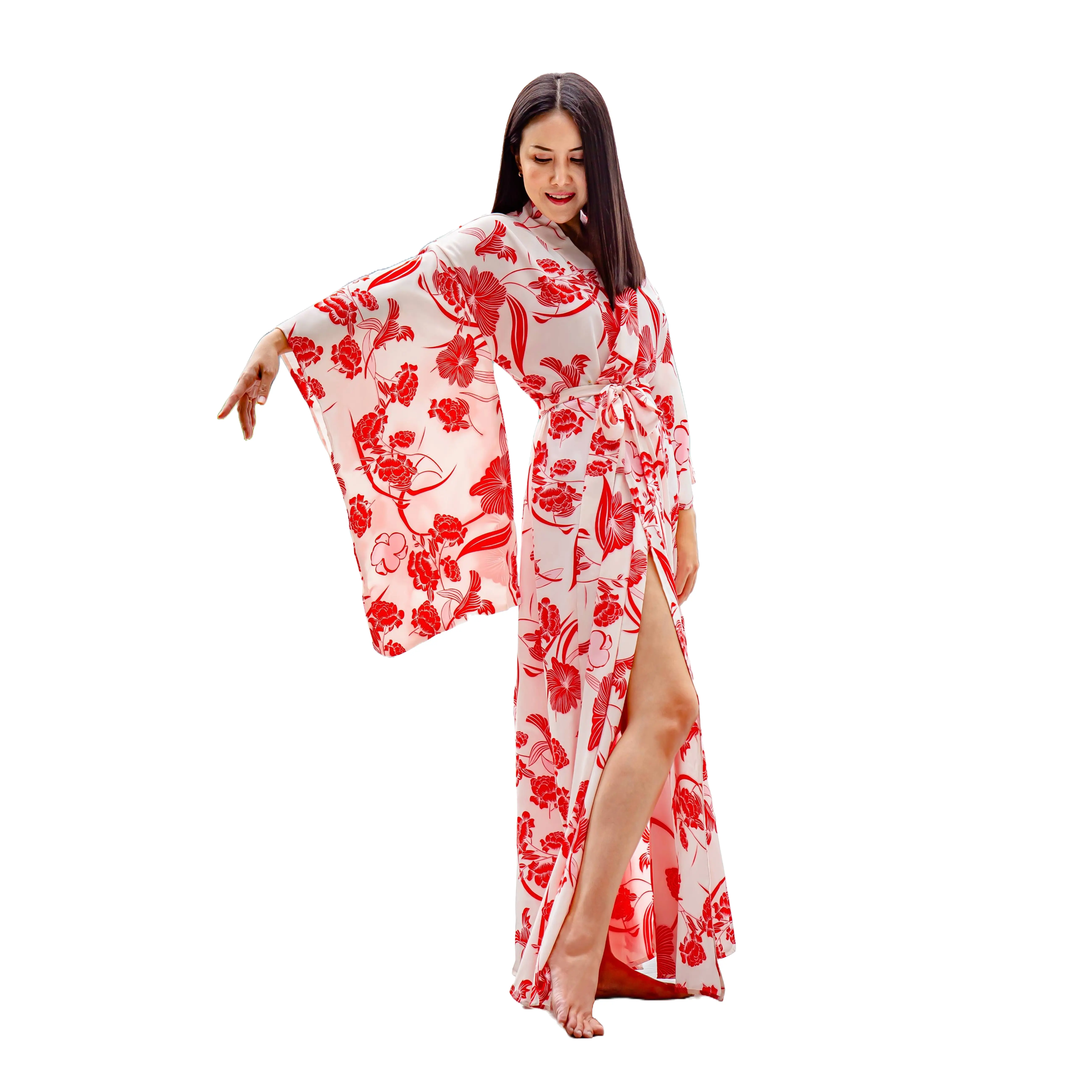 NA'RAK Women's Yukata Kimono Robe : Red White Floral