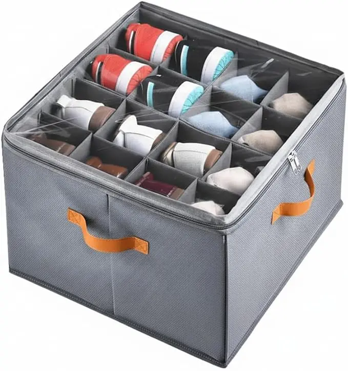 Adjustable Shoe Storage Box, 16 Pairs Shoe Organizer for Closet, Dust-Proof Fabric Shoe Storage Bins with Clear Lid & Handles, Fits Sneakers, Heels, Loafers