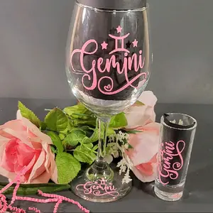 Gemini Zodiac Drinkware Set Pretty in Pink - 20 oz Stemmed Wine Glass & 2 oz Shotglass - Elegant Gemini Inspired Collection