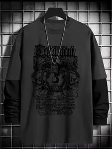 Gothic Geometric Print Loose Fit Long Sleeve Round Neck T-Shirt, Casual Loose Tee, Fashion Streetwear Style Casual Top, Comfortable Trendy Gift for Fall Season
