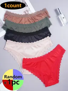 Random Color Women's Solid Color Lace Trim Brief, Soft Comfy Breathable Panty for Daily Wear, Underwear for All Seasons